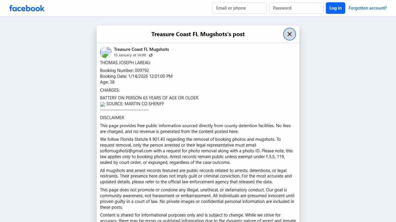 THOMAS JOSEPH LAREAU Booking... - Treasure Coast FL Mugshots Facebook